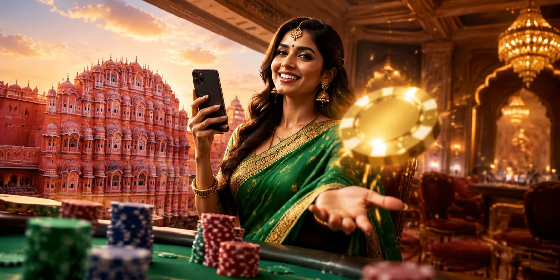 Woman in Jaipur playing Teen Patti on mobile with festive backdrop