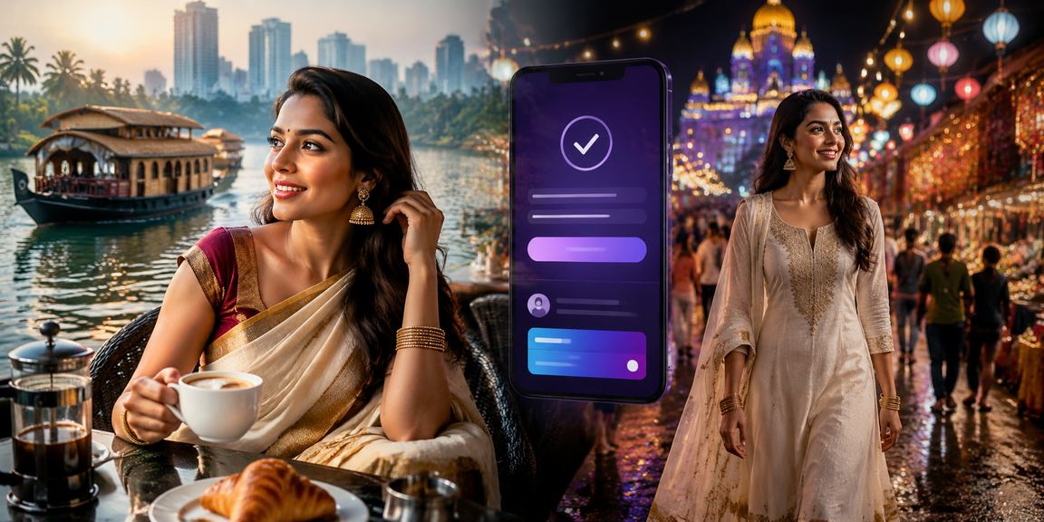 Kerala backwaters with mobile payment and night market lights